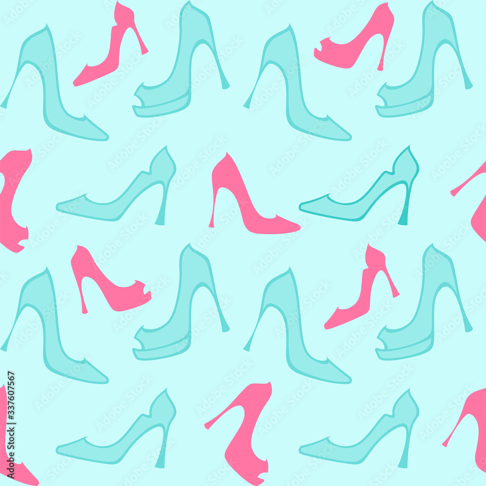 Turquoise and pink ladies high heels shoes on a light turquoise in flat style. Vector seamless pattern for shoe store, shoe factory, printing on packaging, wrapping paper, sales packages and textile Turquoise and pink ladies high heels shoes on a light turquoise in flat style. Vector seamless pattern for shoe store, shoe factory, printing on packaging, wrapping paper, sales packages and textile