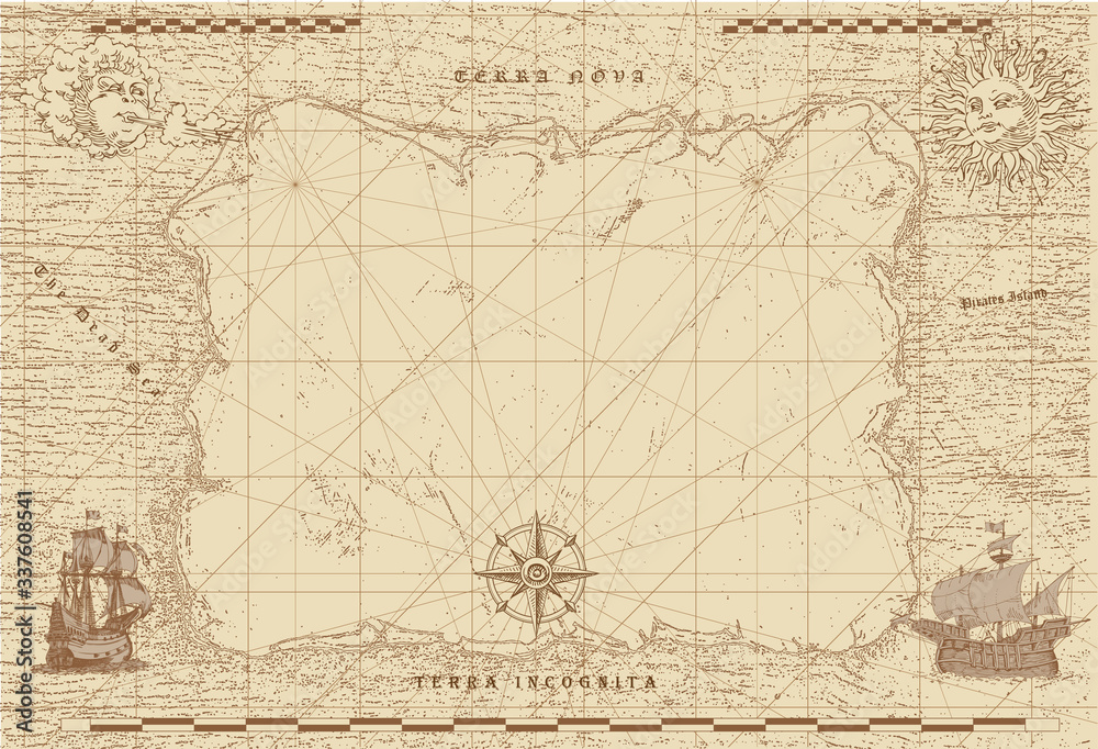 Naklejka premium wektorowa stara mapa morska w stylu średniowiecznych rycin