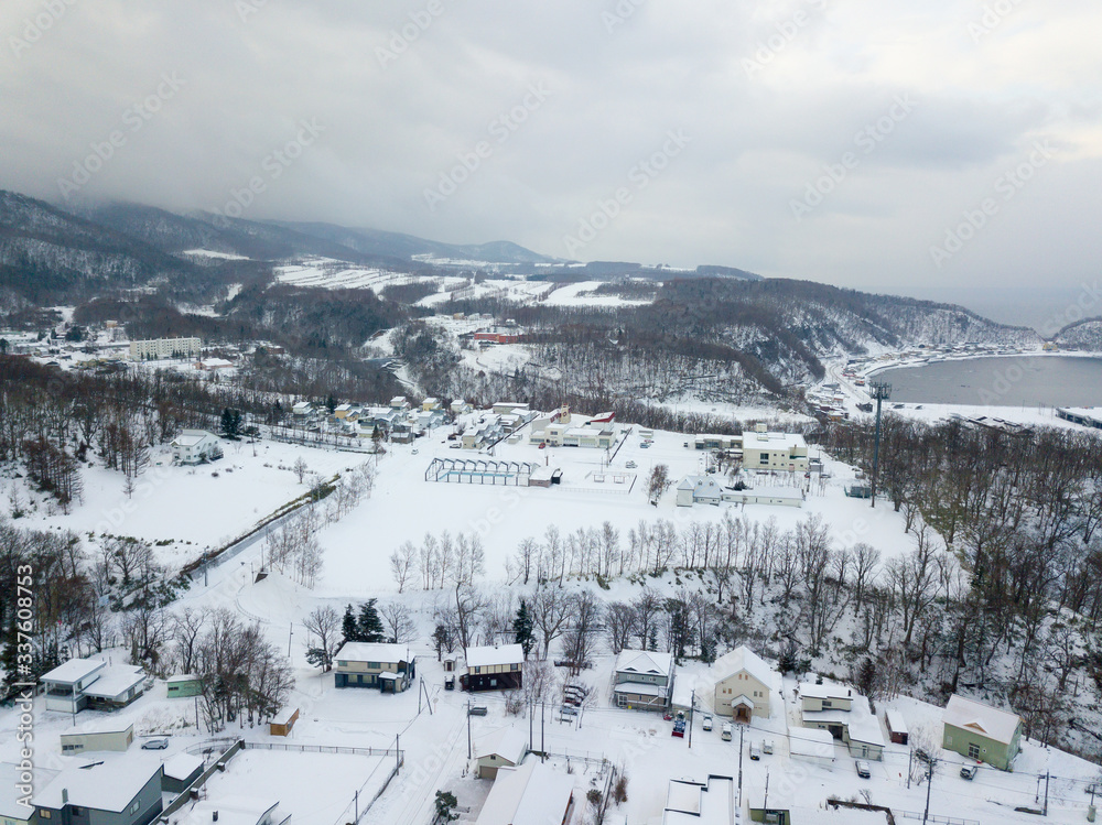 aerial view of landscape of Hokkaido in winter time