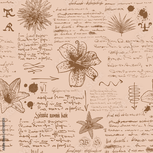 vector image of a seamless textural background in the style of notes from the diary of a botanist with sketches, formulas and notes