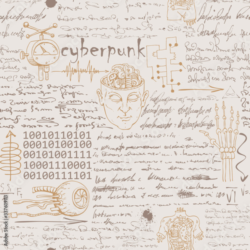 vector image of a seamless texture background in the style of sketches from the diary of a scientist inventor with formulas and notes