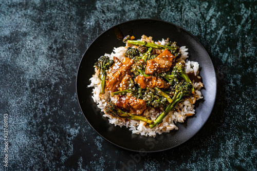 Delicious Asian Teriyaki Beef with Broccoli, Rice and Sesame Seeds.