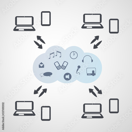 Retro Style Cloud Computing Technology Design Concept - Digital Network Connections, Digital Internet Services