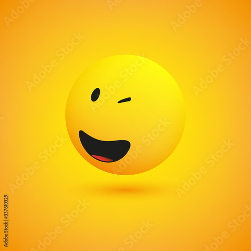 Smiling and Winking Simple Shiny Happy Emoticon on Yellow Background - Vector Design