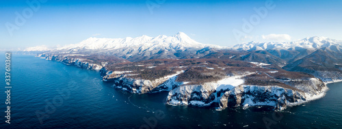 panoramic view of  shiretoko peninsula and raosu dake mountain hokkaido in winter season