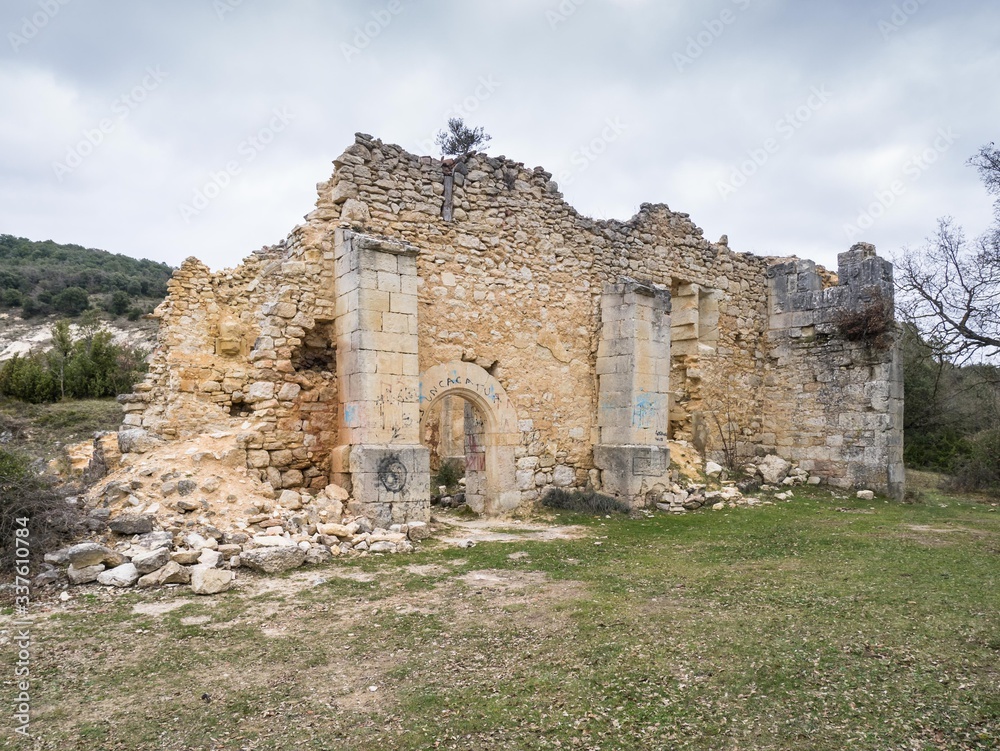 Exterior of the Burgondo Chapel near the abandonded haunted village of Ochate, Treviño Country, Burgos, Spain