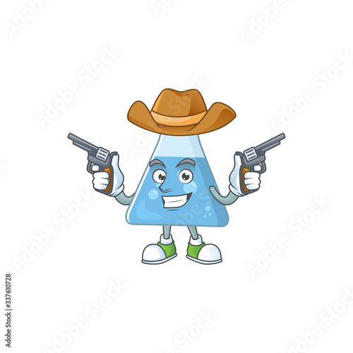 A cowboy cartoon character of blue chemical bottle holding guns