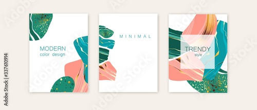 Set of modern collage art cards. Creative brochure, cover, invitation. Colorful sea, beach stones with golden texture. Elegant poster with natural shapes.