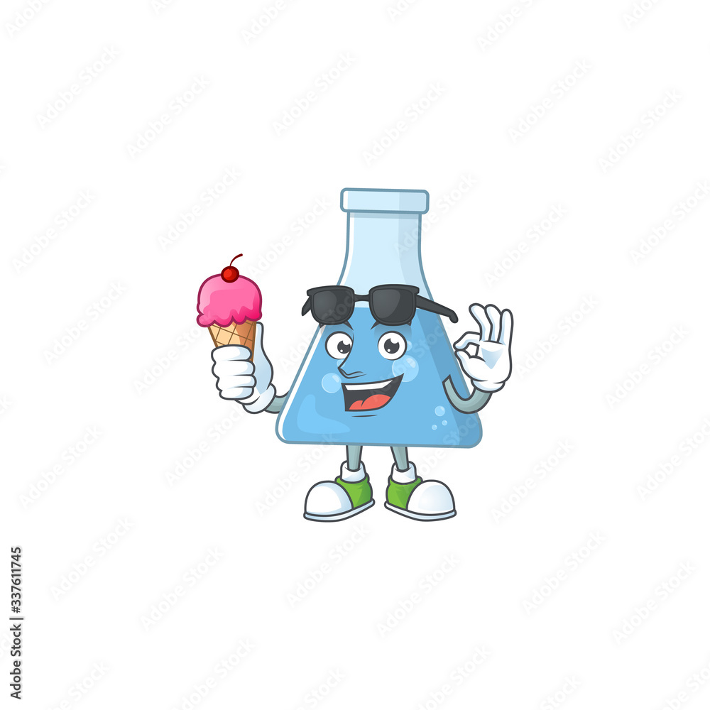 Cute blue chemical bottle cartoon character enjoying an ice cream