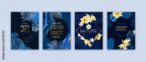 Set of elegant brochure, card, background, cover. Blue and golden marble texture. Geometric frame. Palm, monstera, exotic leaves, hibiscus flowers. Save the date, invitation, birthday card design.