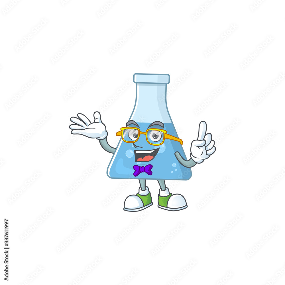 Cartoon character design of Geek blue chemical bottle wearing weird glasses