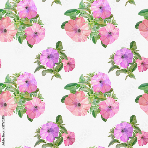 Seamless pattern of watercolor petunia flowers on a white background.