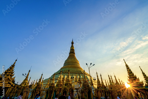 Shwedagon pagoda at sunset. This place is popular destination landmark in Yangon, Myanmar