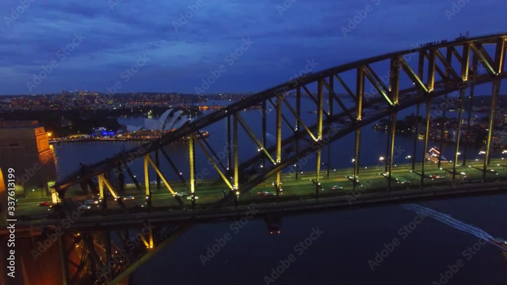 Sydney Harbour Bridge traffic at night, aerial view in slow motion Sydney Harbour Bridge traffic at night, aerial view in slow motion