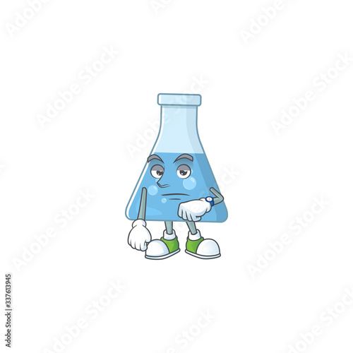 Blue chemical bottle with waiting gesture cartoon mascot design concept