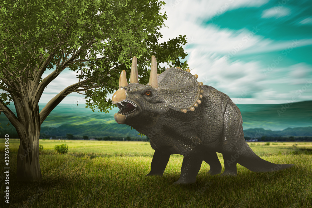 Fototapeta premium dinosaurs - Triceratops dinosaurs toy on digital imaging like a real. with the dramatic scene.
