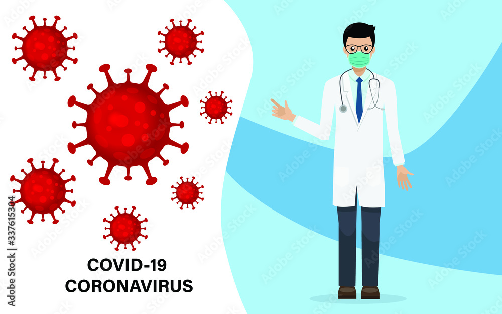 Doctor Wearing a Protective Mask to Protect Covid-19 or Corona Virus Outbreak, Vector illustration Doctor Wearing a Protective Mask to Protect Covid-19 or Corona Virus Outbreak, Vector illustration