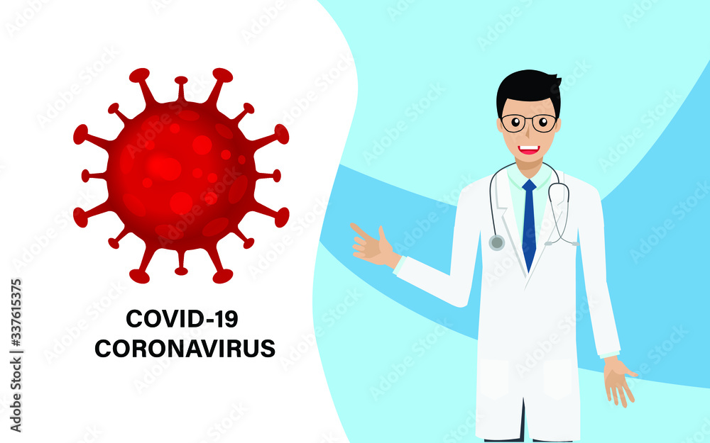 COVID-19 Vaccine concept. Doctor in gown uniform. Idea for hope of the world to fight with COVID-19 coronavirus pandemic. Vector illustration. COVID-19 Vaccine concept. Doctor in gown uniform. Idea for hope of the world to fight with COVID-19 coronavirus pandemic. Vector illustration.