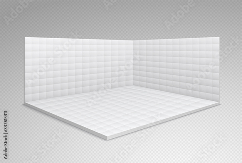 Empty exhibition hall stand with white tiles on the walls and floor. Trading room, presentation conference hall.