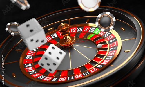 Casino background. Luxury Casino roulette wheel on black background. Online casino theme. Close-up white casino roulette with a ball, chips and dice. Poker game table. 3d rendering illustration.
