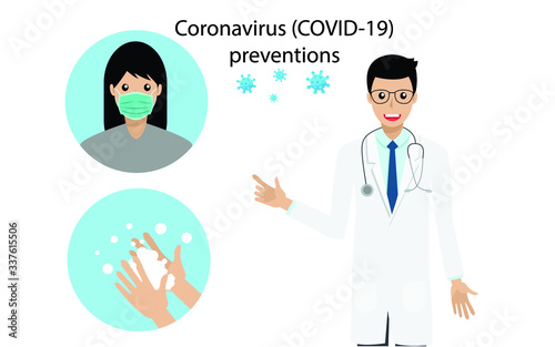 Coronavirus (COVID-19)preventions. Doctor explain Infographics, wear face mask,wash hands,Idea for coronavirus outbreak and preventions.EPS 10 Vector illustration.