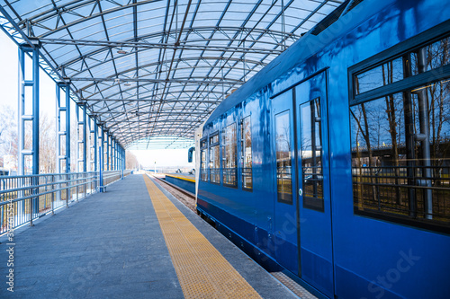 Express train from Kyiv to the airport Boryspil. Inscription on board - UZ, Ukrainian railway. Kyiv, Ukraine. 02.04.2020 photo