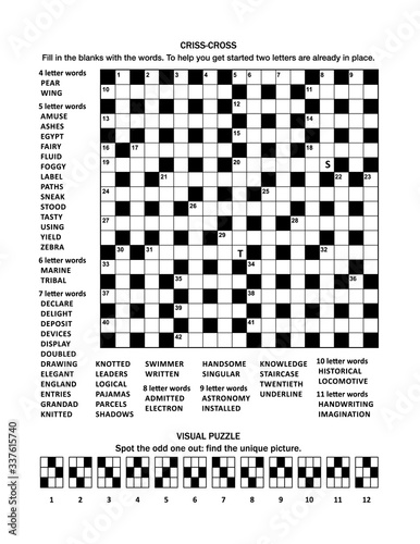Puzzle page with 19x19 criss-cross (fill-in) crossword word game (English language) and abstract visual puzzle: Spot the odd one out: find the unique picture.