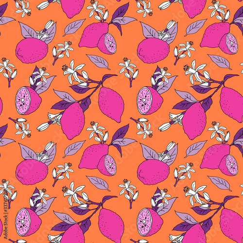Vector seamless pattern with the image of pink lemons, lilac leaves and white flowers on an orange background. Design for decorating a menu, recipe, card, invitation, poster, clothes, fabric, dishes