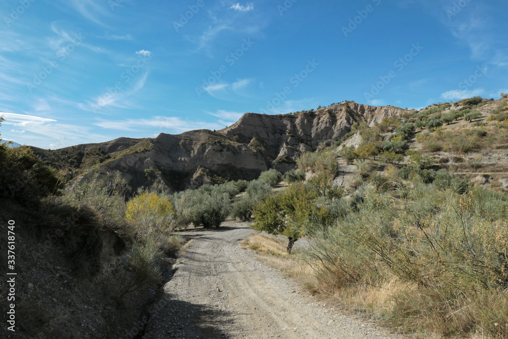 Mountains with huge rocks. Green grass and tress under the blue sky with white clouds.