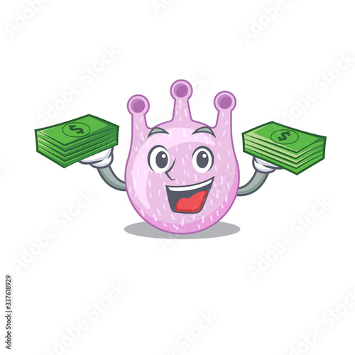A wealthy viridans streptococci cartoon character having money on hands
