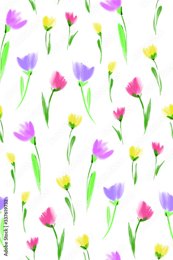 Floral seamless background pattern. Tulips flowers hand drawn, vector. Spring summer. Fabric swatch, textile design, wrapping Floral seamless background pattern. Tulips flowers hand drawn, vector. Spring summer. Fabric swatch, textile design, wrapping