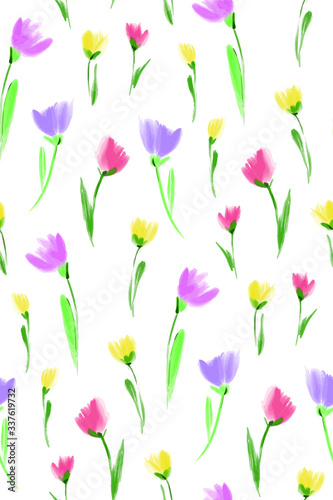 Floral seamless background pattern. Tulips flowers hand drawn  vector. Spring summer. Fabric swatch  textile design  wrapping