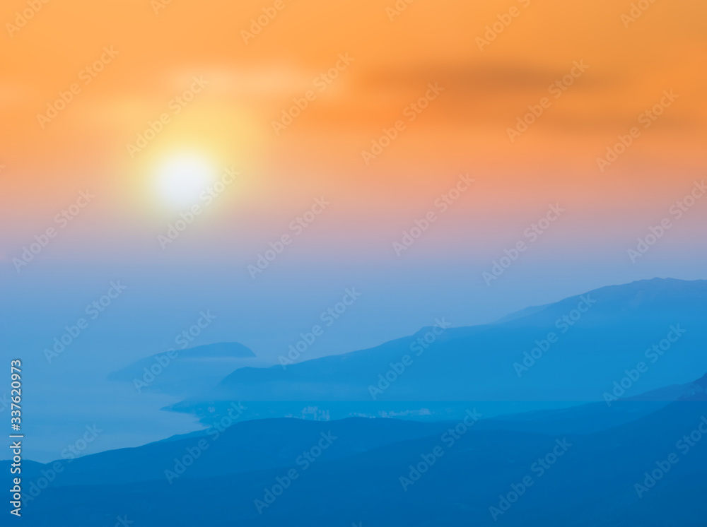 mountain valley in a blue mist at the sunset, stylized outdoor background