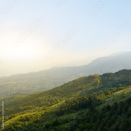 green mountain valley at the sunset, outdoor scene