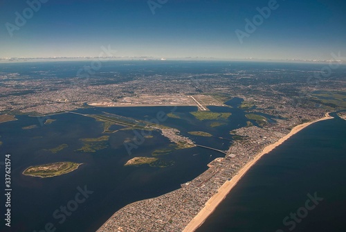 The Rockaway peninsula in Queens, New York from the air separating Jamaica Bay from the Atlantic Ocean