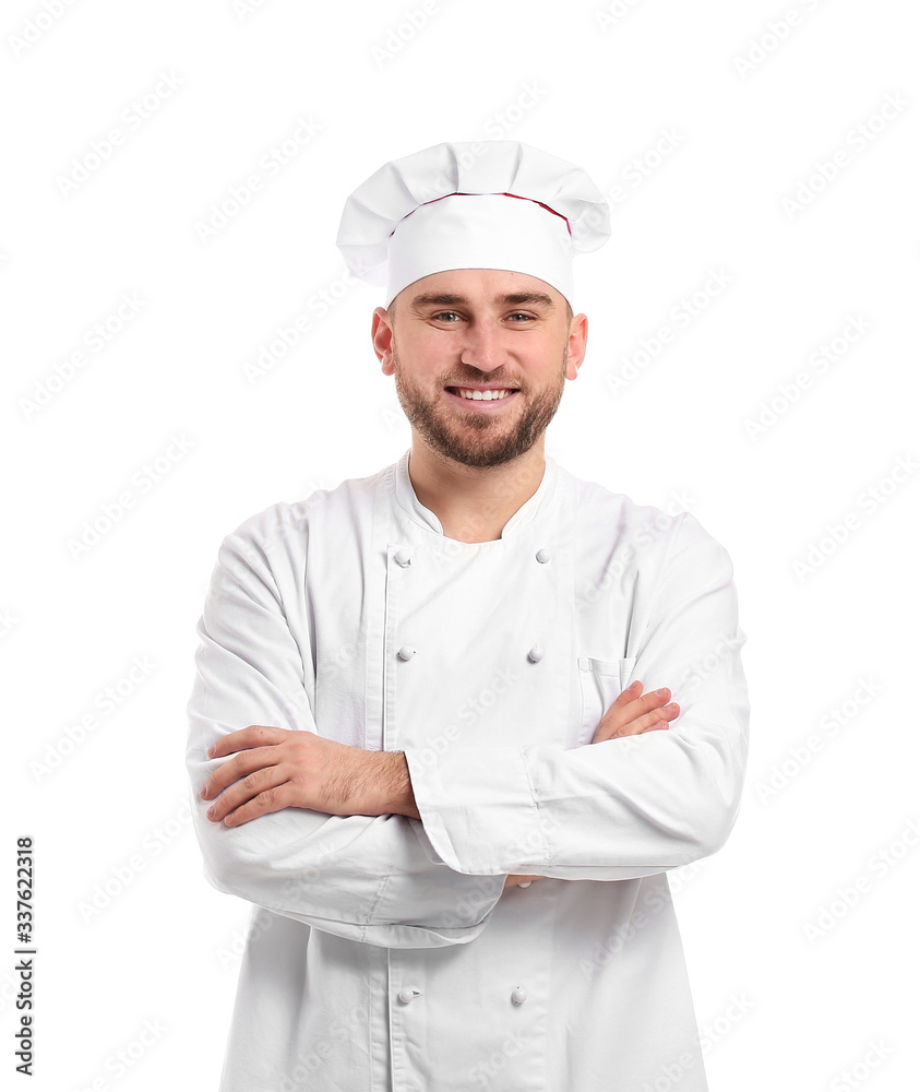 Handsome male chef on white background