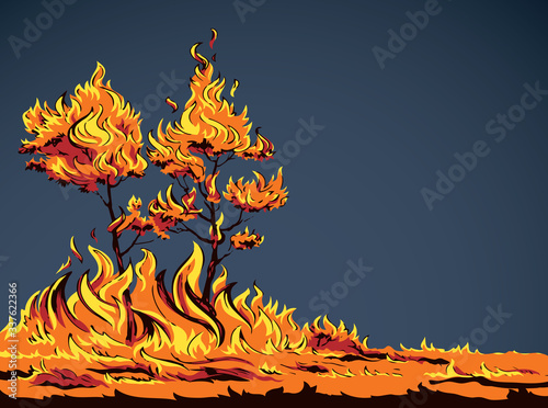 Burning forest. Vector drawing sketch