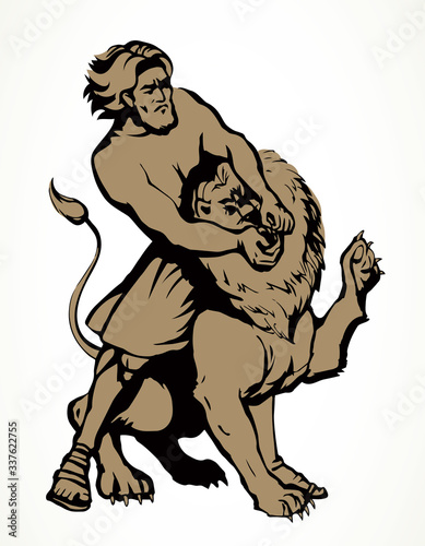 Samson fights a lion. Vector drawing