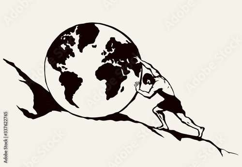 Foto A man rolls a earth up the hill. Vector drawing