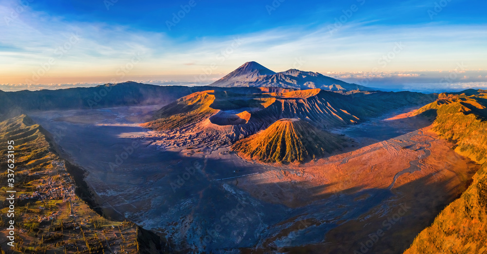 Fototapeta premium Aerial view of Mount Bromo, is an active volcano and part of the Tengger massif, in East Java, Indonesia. Famous travel destination backpacker in south east asia