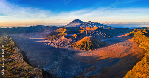 Aerial view of Mount Bromo, is an active volcano and part of the Tengger massif, in East Java, Indonesia. Famous travel destination backpacker in south east asia © Hien Phung