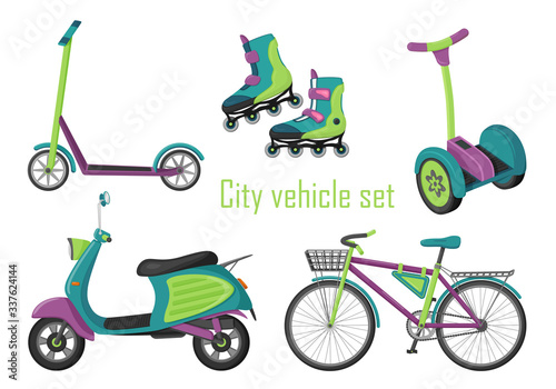 Set of elements of urban transport. Flat style. Eco-friendly vehicles for walking, recreation, sports, city transportation, food and goods delivery. Color vector illustration. Isolated on white.