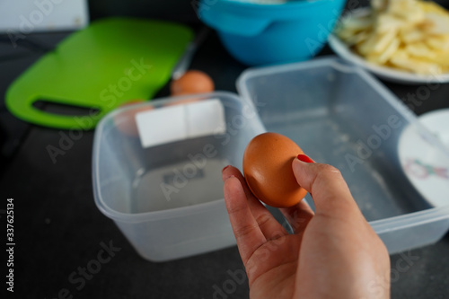 Eggs before making the cake. Preparation of the dough for baking homemade pie. Cooking cake at home. Baking during quarantine