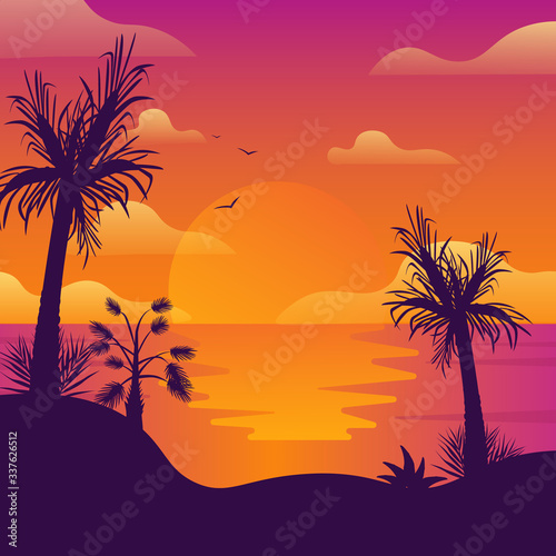 Coconut palm trees on beach at sunset. Sun reflection in sea water. Bird flying in beautiful sky vector illustration.