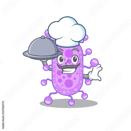 Mycobacterium chef cartoon character serving food on tray © kongvector