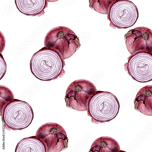 Onion hand drawn watercolor illustration. Seamless pattern.