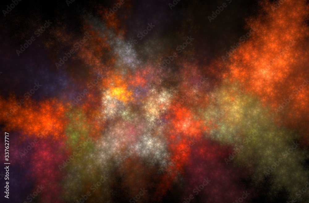 Fototapeta premium Orange green yellow fractal on black background. Abstract wallpaper. Graphic design pattern. Colorful texture.