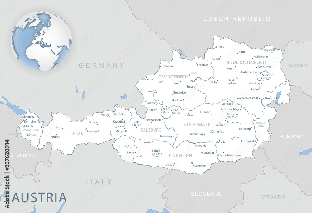 Blue-gray detailed map of Austria and administrative divisions and location on the globe. Vector illustration