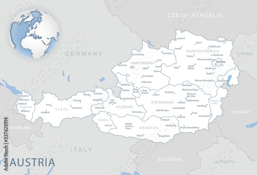 Blue-gray detailed map of Austria and administrative divisions and location on the globe. Vector illustration