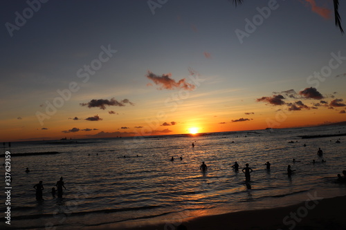 Honolulu from Diamond head national park to honolulu beach in sunset